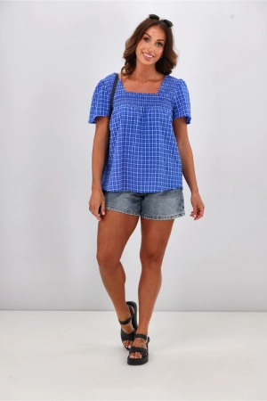 Shine On Label Emmeline Square Neck Shirred Top Blue