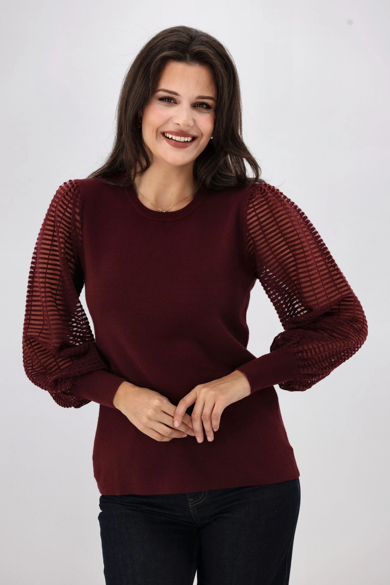 Shine On Label Olivia Contrast Sleeve Knit Top Merlot