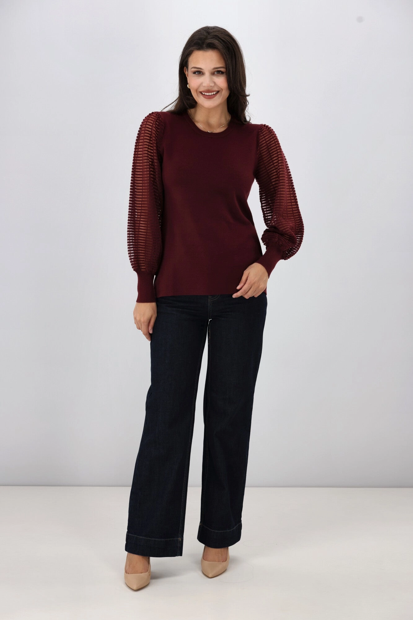 Shine On Label Olivia Contrast Sleeve Knit Top Merlot