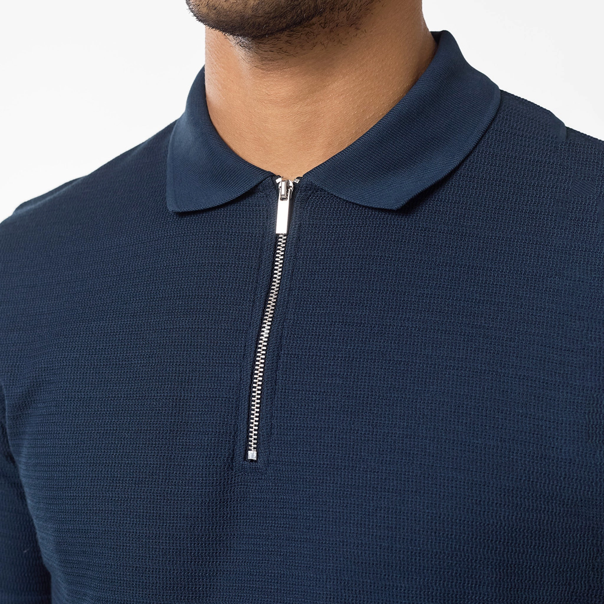Tonal Knit Zipped Polo | Navy