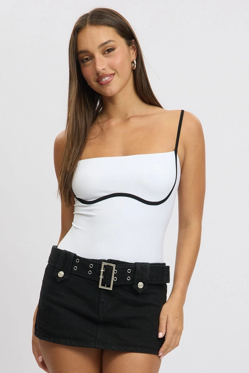 White Bodysuit Sleeveless Contrast Detail Seamless