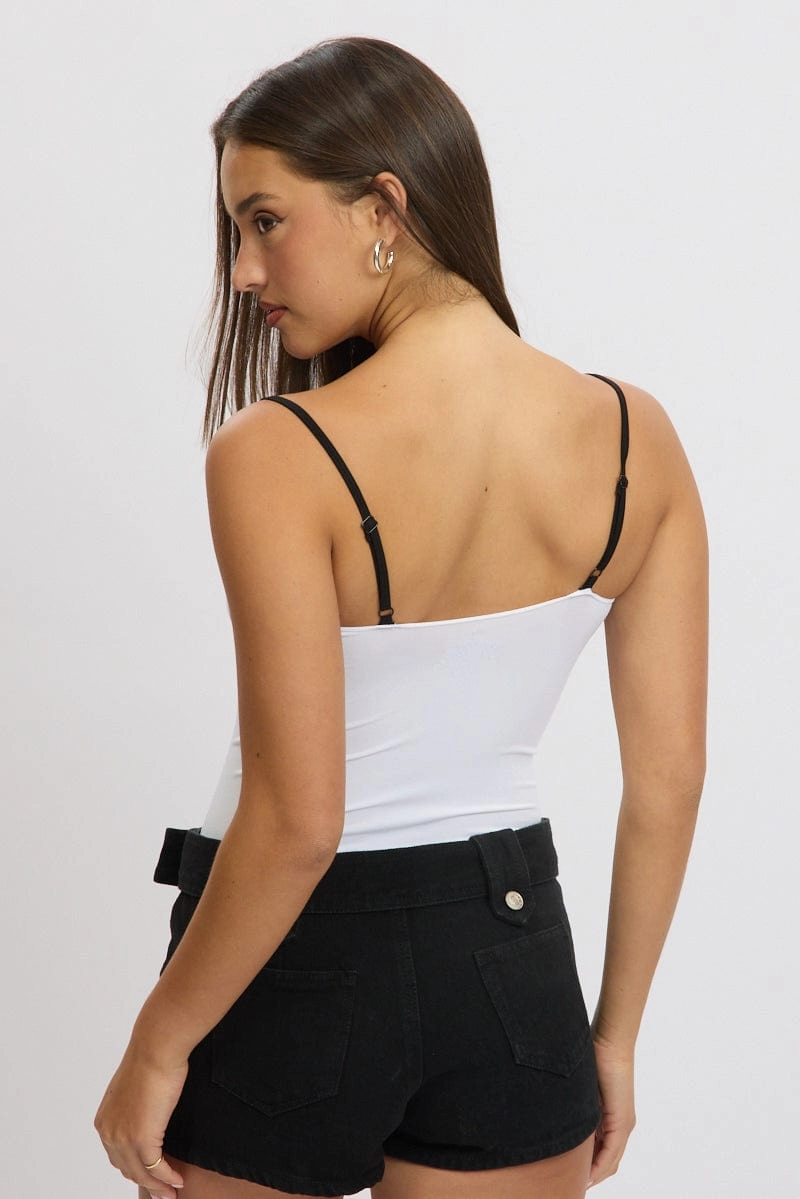 White Bodysuit Sleeveless Contrast Detail Seamless