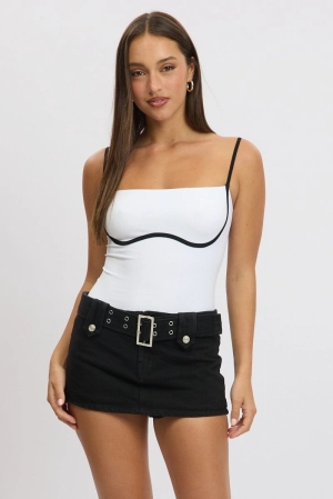 White Bodysuit Sleeveless Contrast Detail Seamless