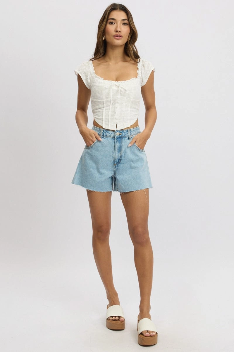White Broderie Corset Top Short Sleeve Button Front
