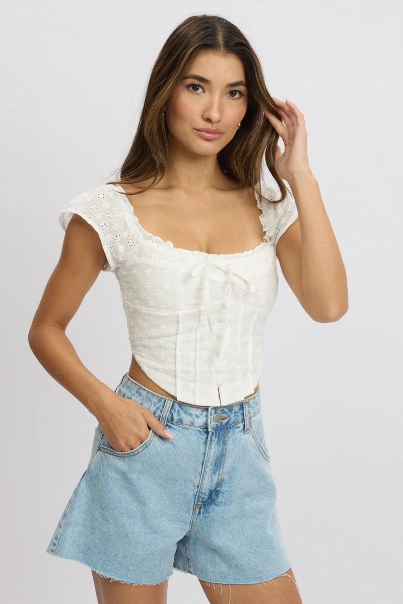 White Broderie Corset Top Short Sleeve Button Front