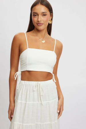 White Crop Cami Top Side Ruched Linen Blend