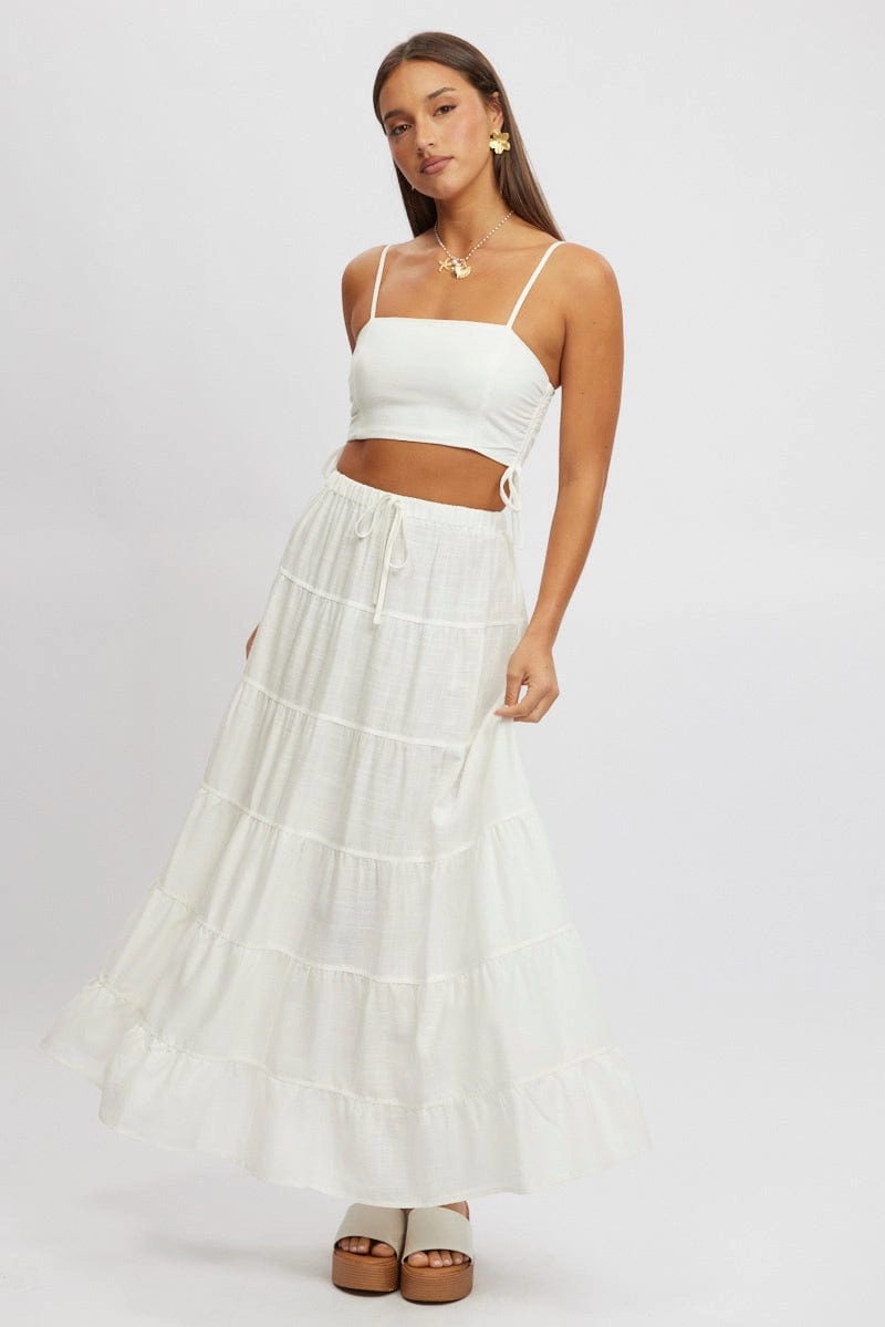 White Crop Cami Top Side Ruched Linen Blend