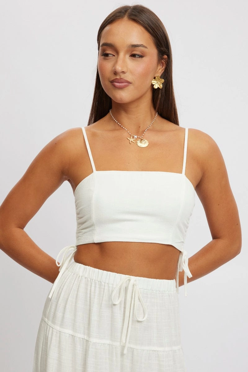 White Crop Cami Top Side Ruched Linen Blend