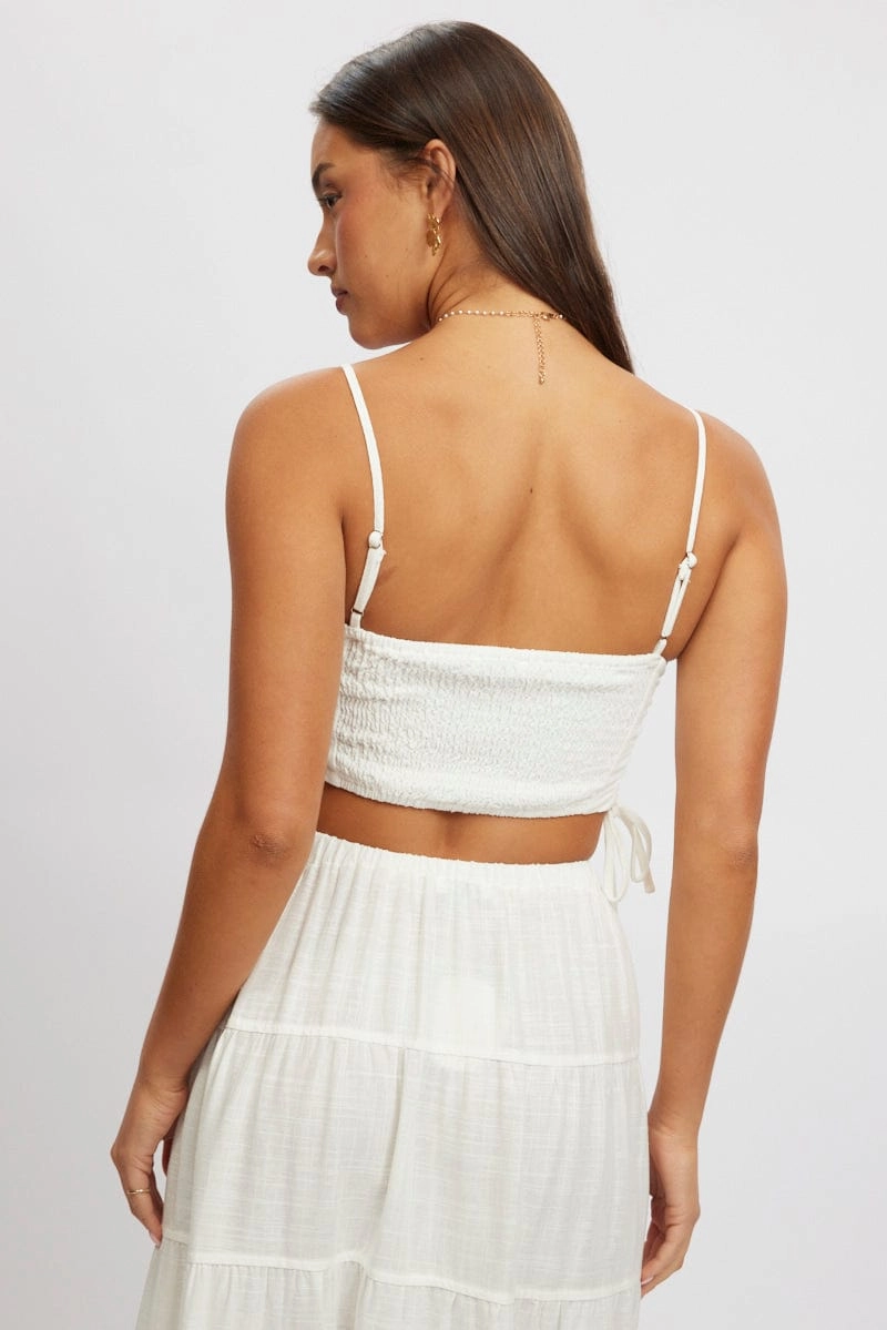 White Crop Cami Top Side Ruched Linen Blend