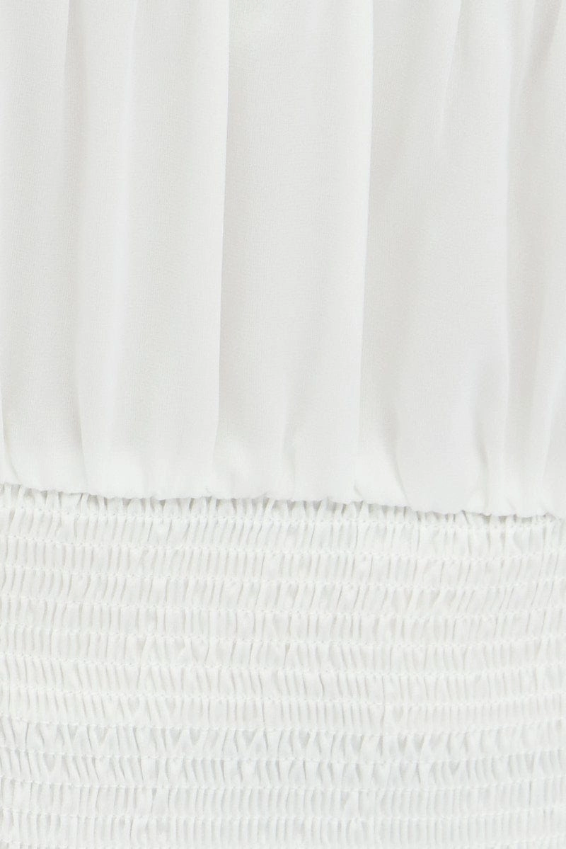 White Crop Top Long Sleeve Scoop Neck Shirred Satin