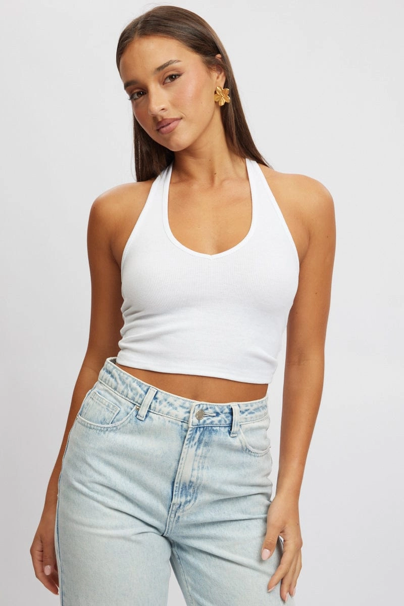 White Halter Top Sleeveless Rib