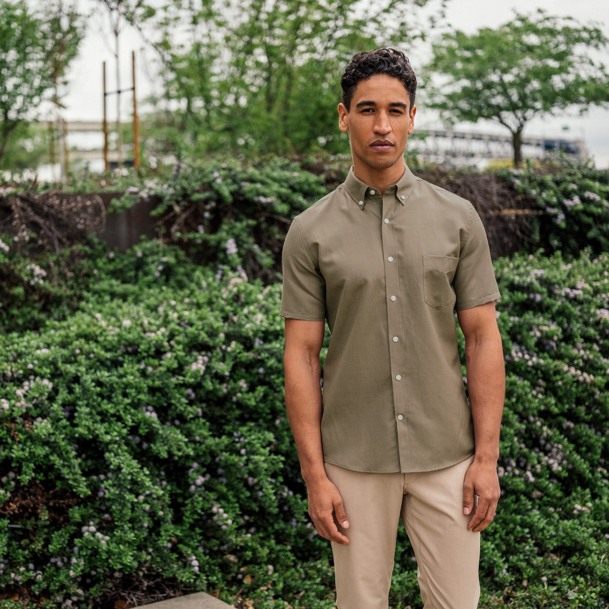 Wool Linen Short Sleeve Button-Down Shirt