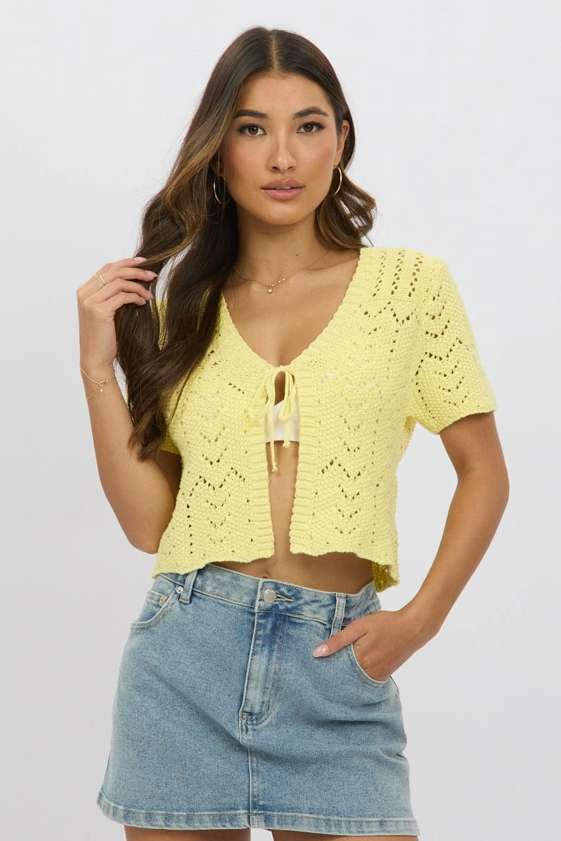 Yellow Crochet Knit Cardigan Short Sleeve V Neck