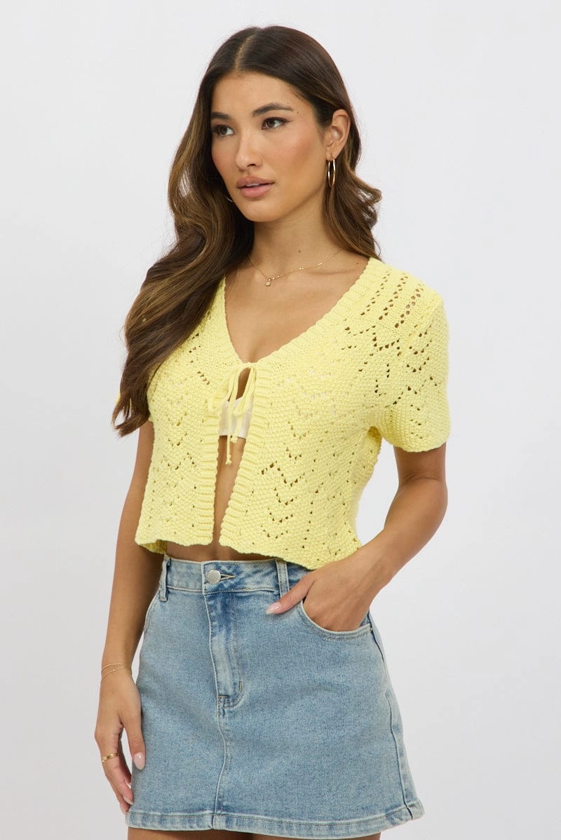Yellow Crochet Knit Cardigan Short Sleeve V Neck