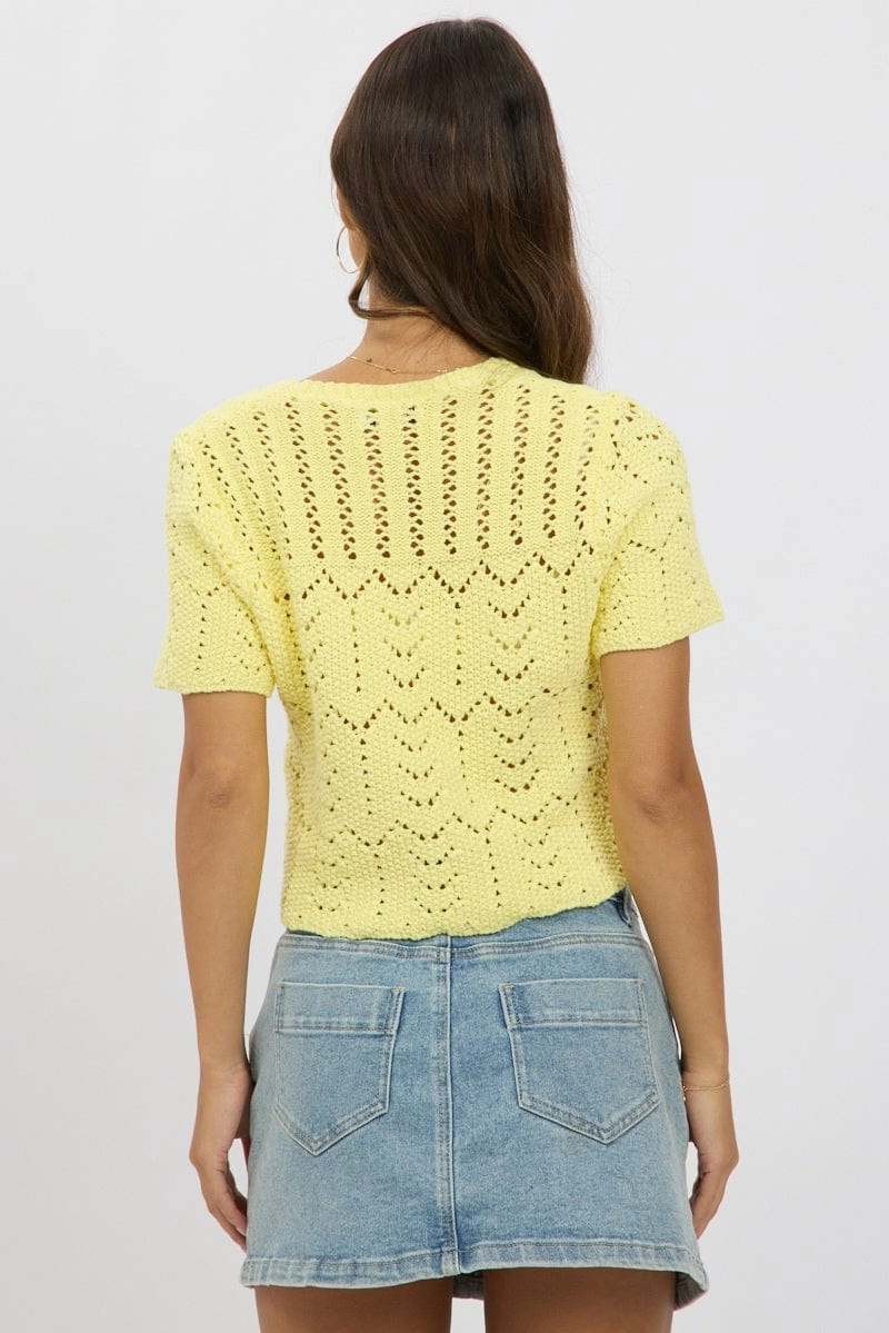 Yellow Crochet Knit Cardigan Short Sleeve V Neck